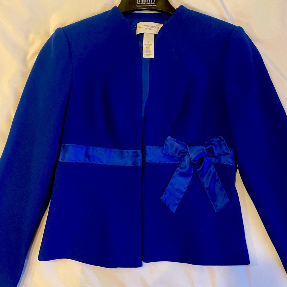Vintage Liz Claiborne Blue Blazer with Silk Trim and Bow